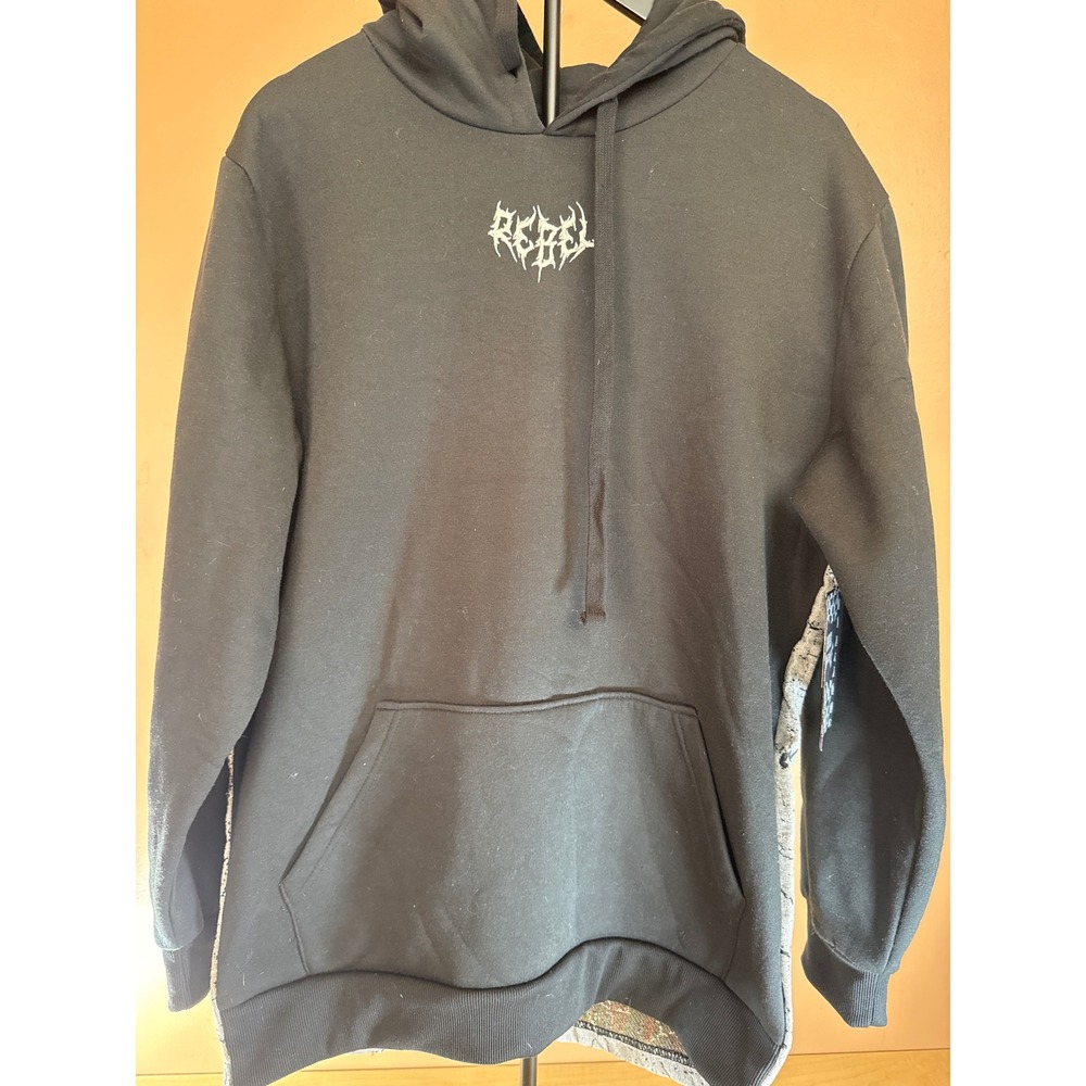 Rebel Vengeance Mens Black Hoodie Skull‎ Tapestry Back Graphic Metal Logo Large